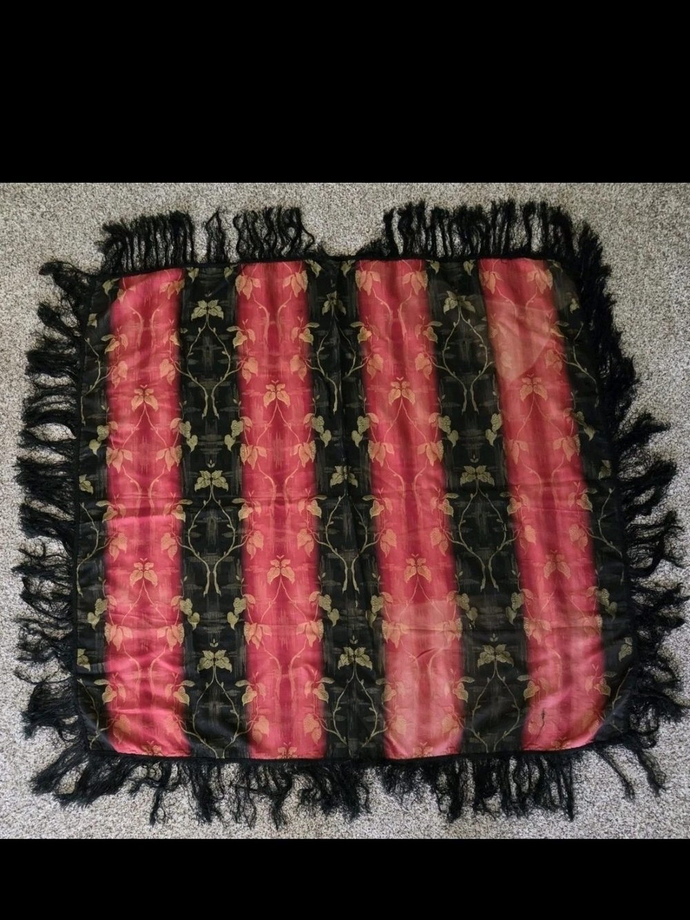 Asian Brocade Tapestry Table Throw Wall Hanging Fringed Red Gold 48x45 Vintage